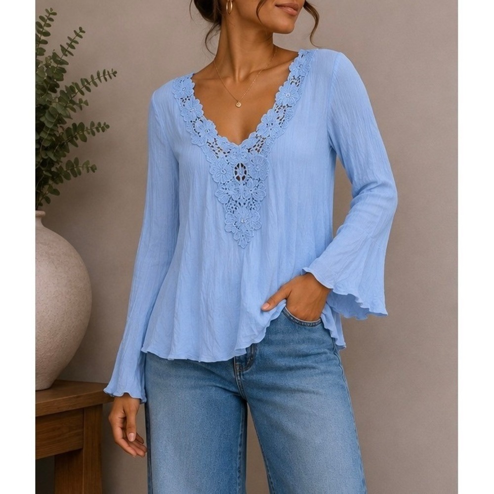 Womens Light Blue Boho Lace Crochet V Neck Bell Sleeve Blouse Top Size-M